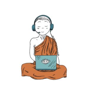 Meditující mnich s notebookem